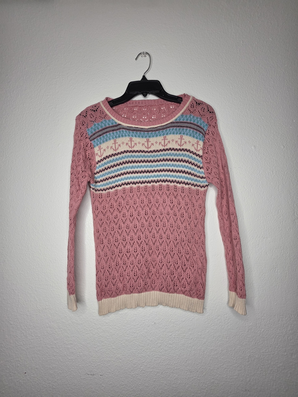 Womens Pink Open-Knit Striped Anchor Pullover Sweater Scoop Neck Sz XS